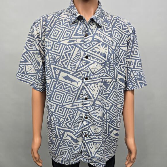 Quiksilver Waterman Shirt Shark Wave Geo Print Short Sleeve XL Comfort fit Blue - Picture 2 of 12